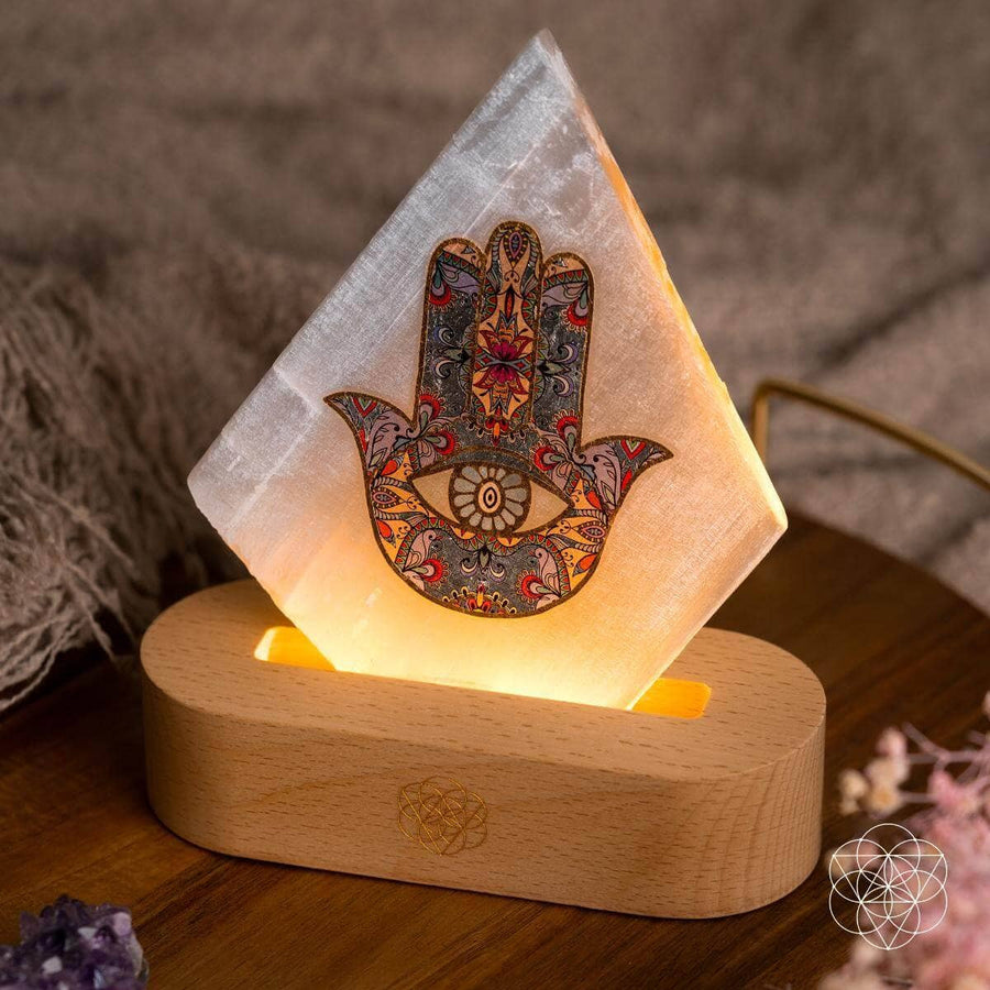Aura Spa Selenite Mood Lamp with Hamsa Pyramid on Wood Base