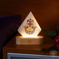 Aura Spa Selenite Mood Lamp with White Pyramid Hamsa Design