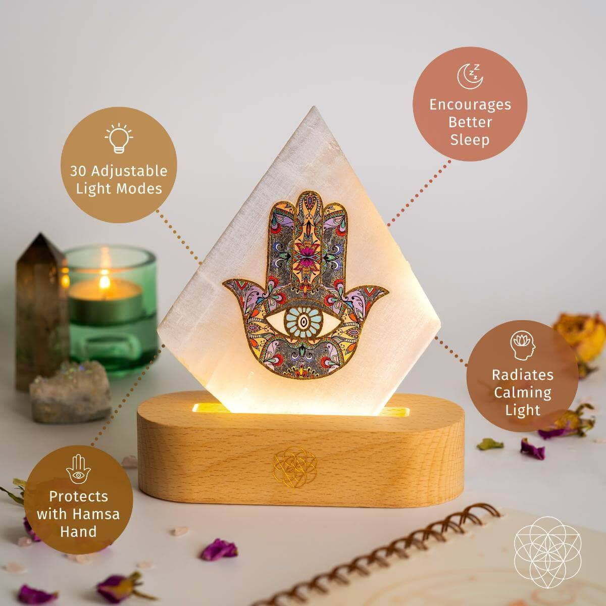 Aura Spa Selenite Mood Lamp: Clear Crystal Pyramid Nightlight with Hamsa Hand Design on Wooden Base