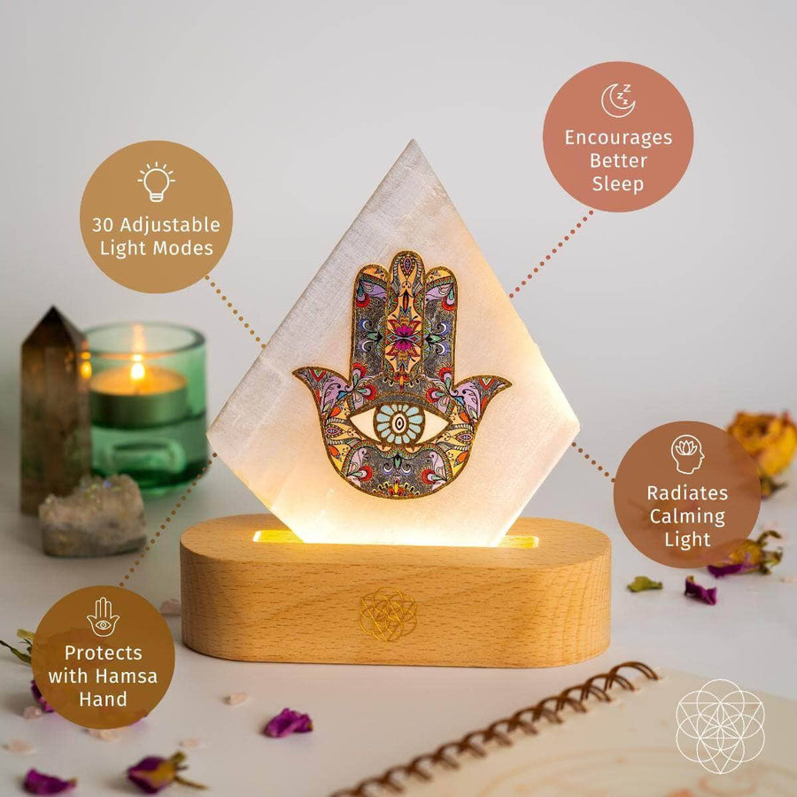 Aura Spa Selenite Mood Lamp: Clear Crystal Pyramid Nightlight with Hamsa Hand Design on Wooden Base
