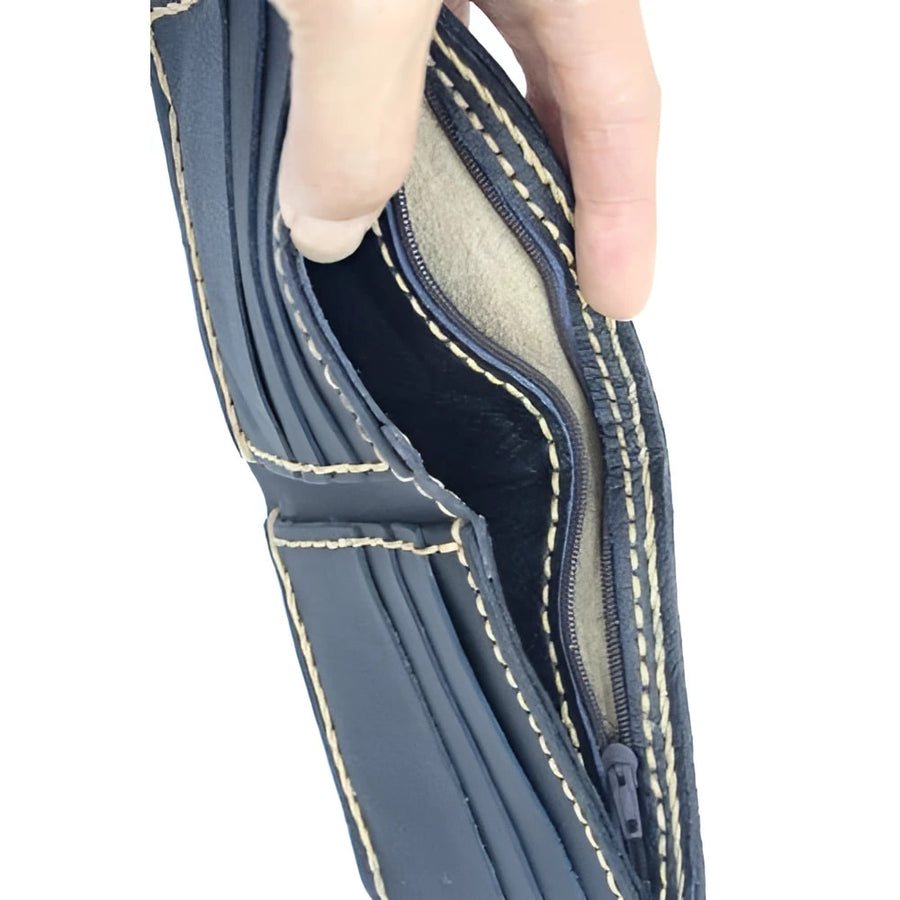 Authentic leather bifold wallet in dark blue with beige stitching, zipper, and stone accent