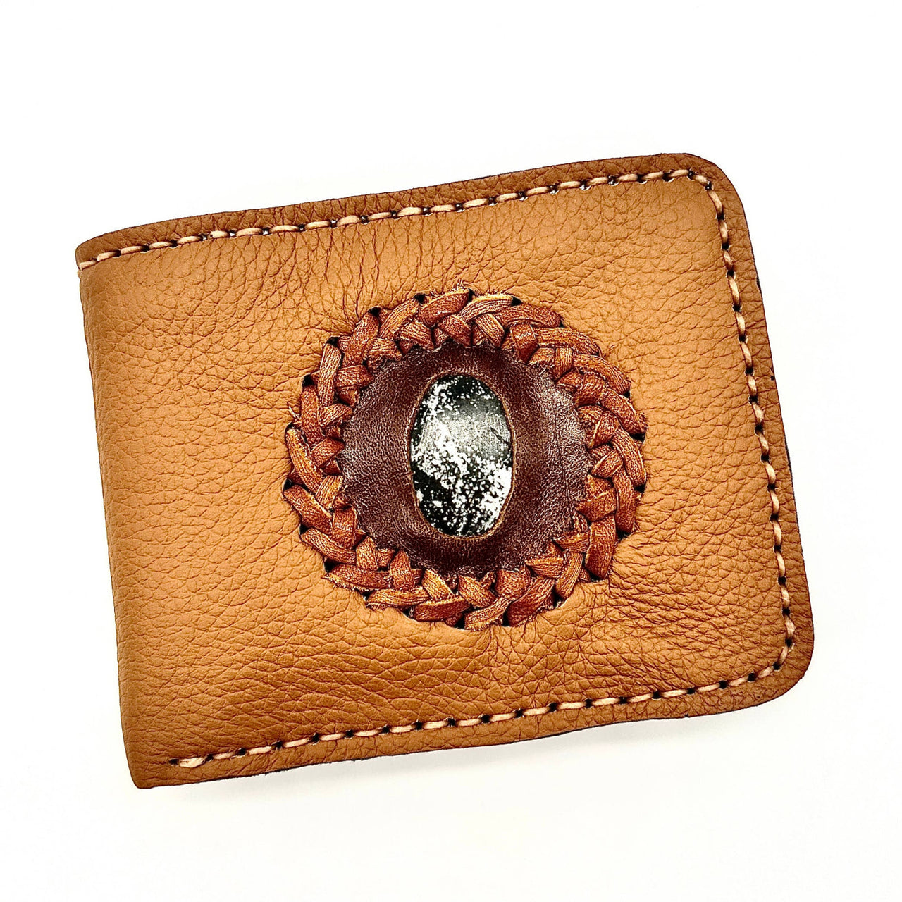 Authentic leather bifold wallet with tan finish, braided brown circle, and oval metallic stone accent #BC0422