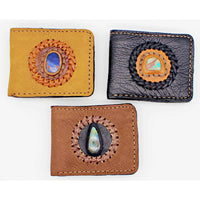 Three braided leather bifold wallets with oval opal accents, BC0422