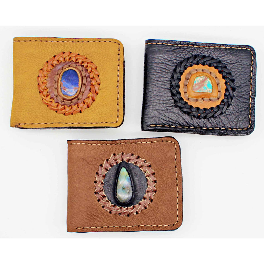 Three braided leather bifold wallets with oval opal accents, BC0422