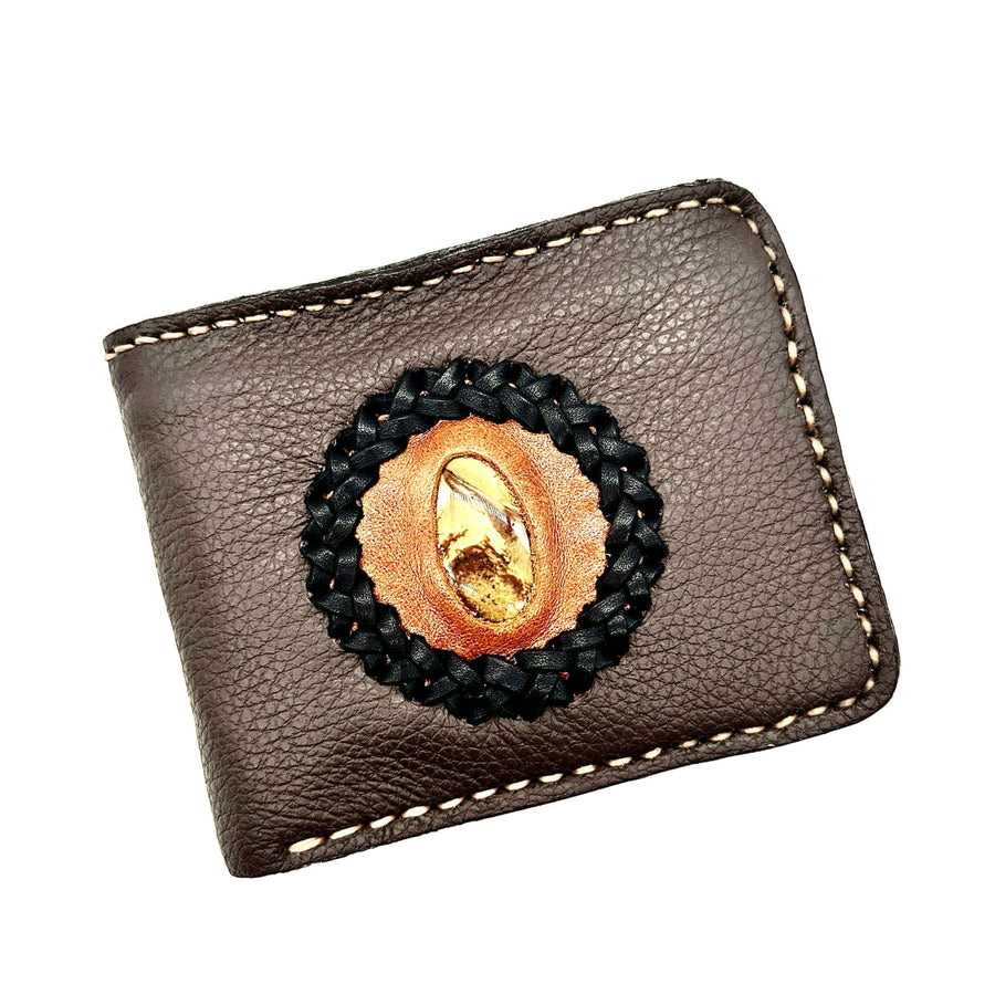 Authentic leather bifold wallet with braided cord and amber stone accent #BC0422