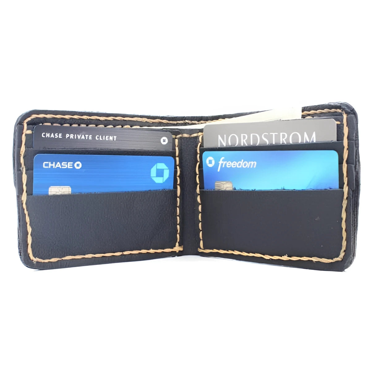 Authentic leather bifold wallet with tan stitching, card slots, and stone accent