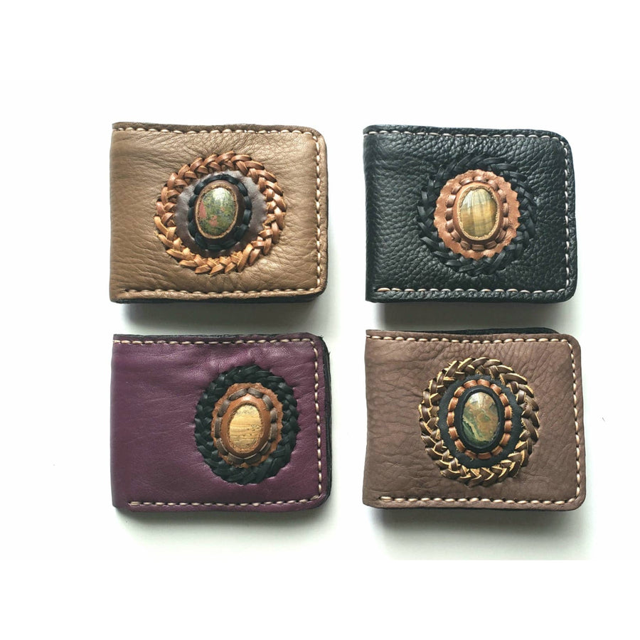 Authentic leather bifold wallet with oval stone and braided leather accent, four designs