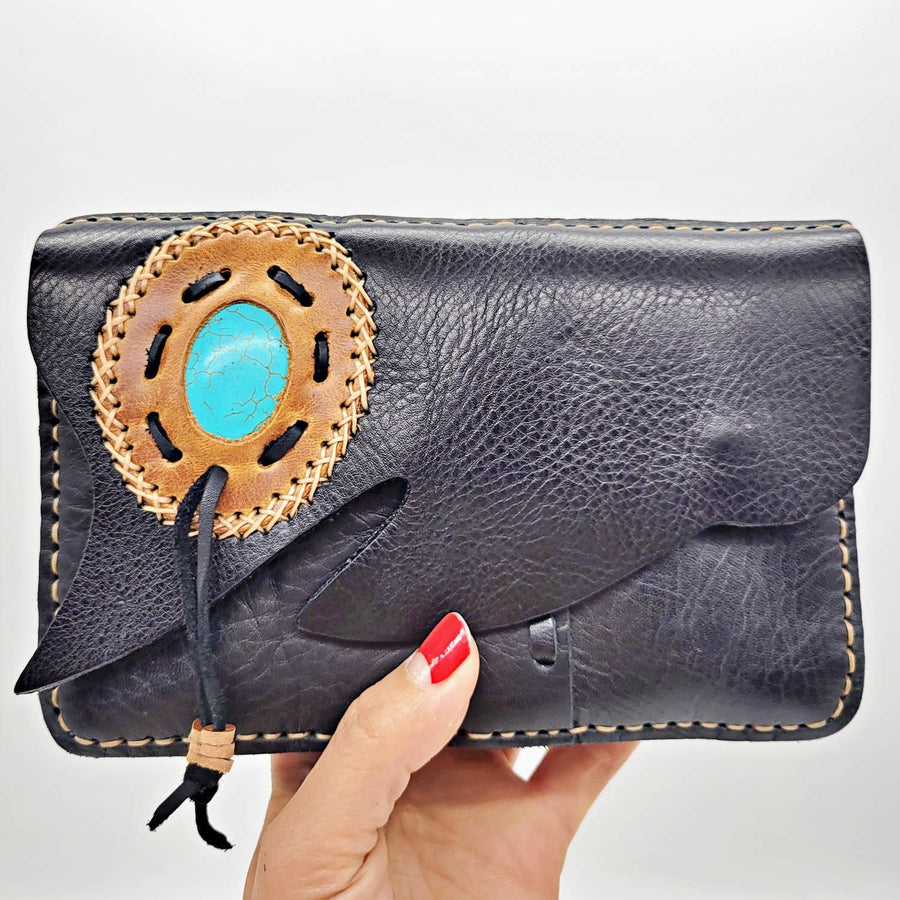 Authentic black leather crossbody clutch purse with turquoise stone medallion