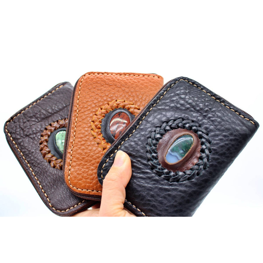 Authentic pebble grain leather zipper wallet with stone accent in brown, black, tan