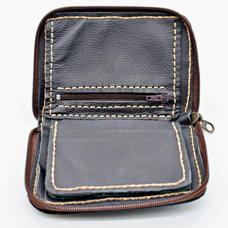 Authentic Pebble Grain Leather Zipper Wallet with Stone Accent #BC0423