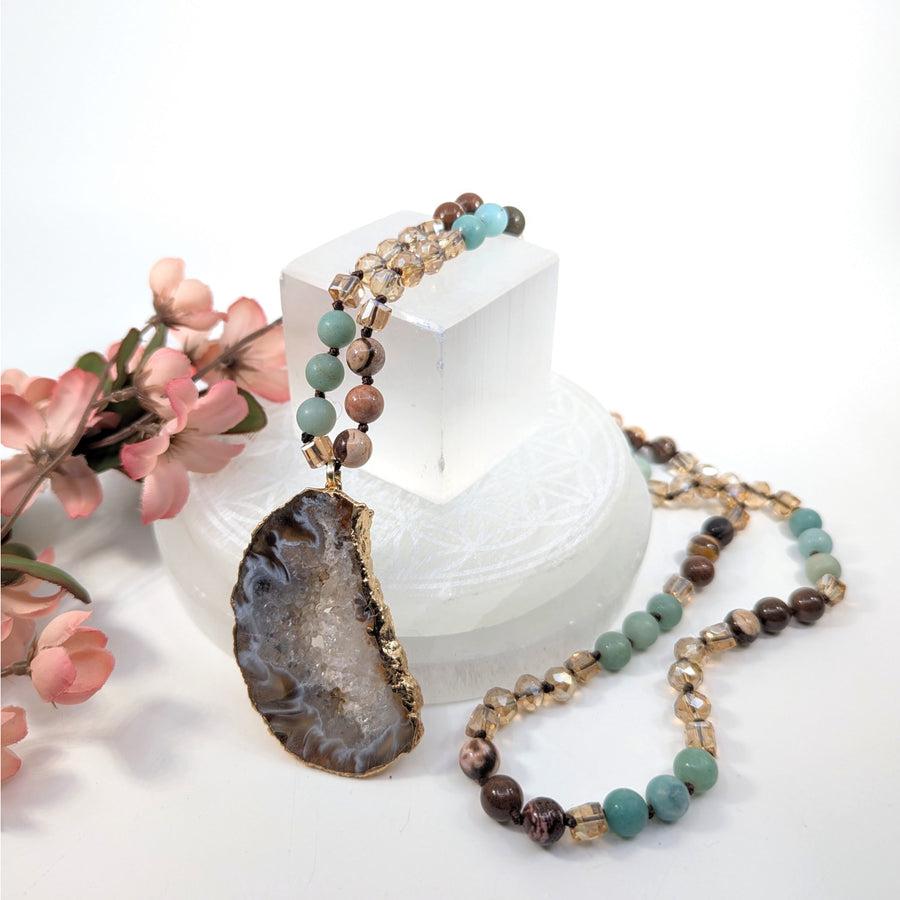 Beaded necklace with gold-trimmed agate pendant in Aventurine Jasper 24-34 inch length