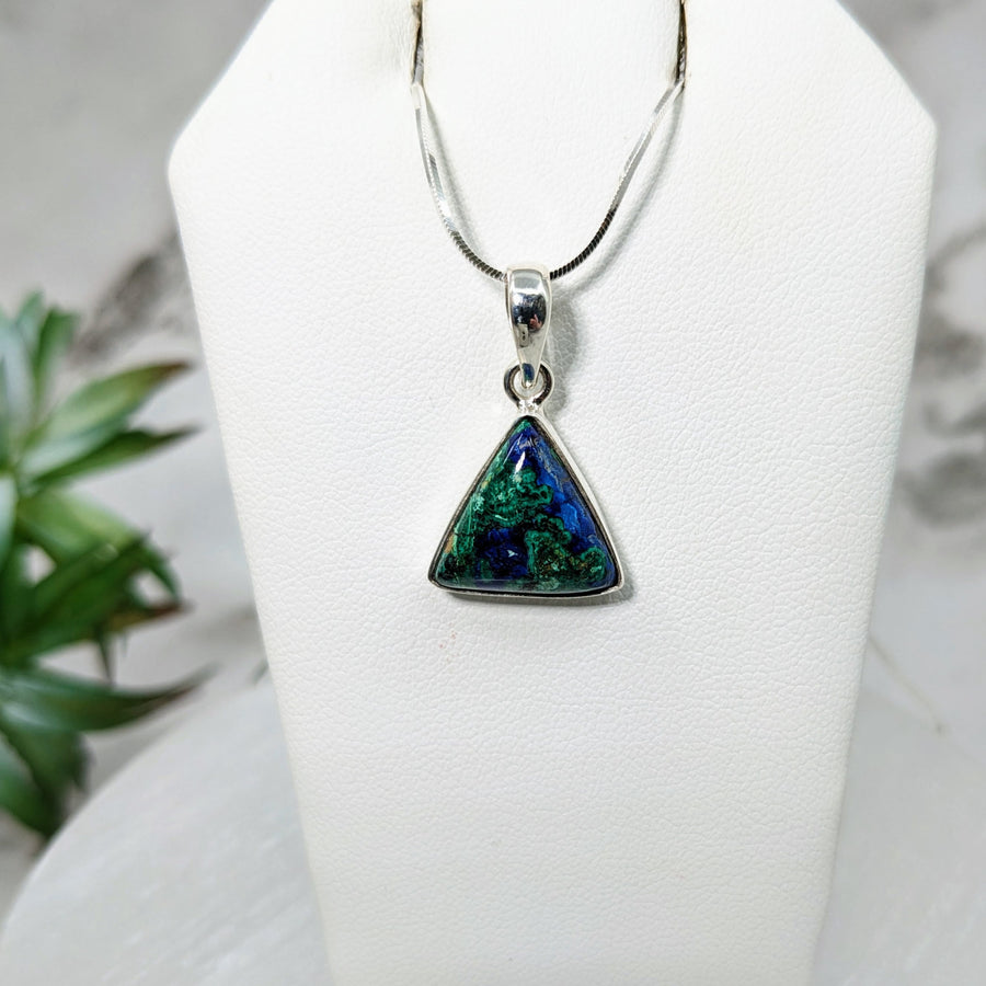Close-up of Azurite & Malachite .6’ S.S. Triangle Pendant #LV5029 on mannequin