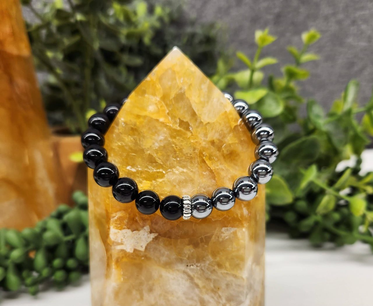 Terahertz and Black Tourmaline 7" Bracelet 8mm Beads #LV3999