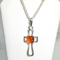 Thumbnail for Baltic Amber 1.29’ Silver Cross Pendant with Orange Stone - #LV1706