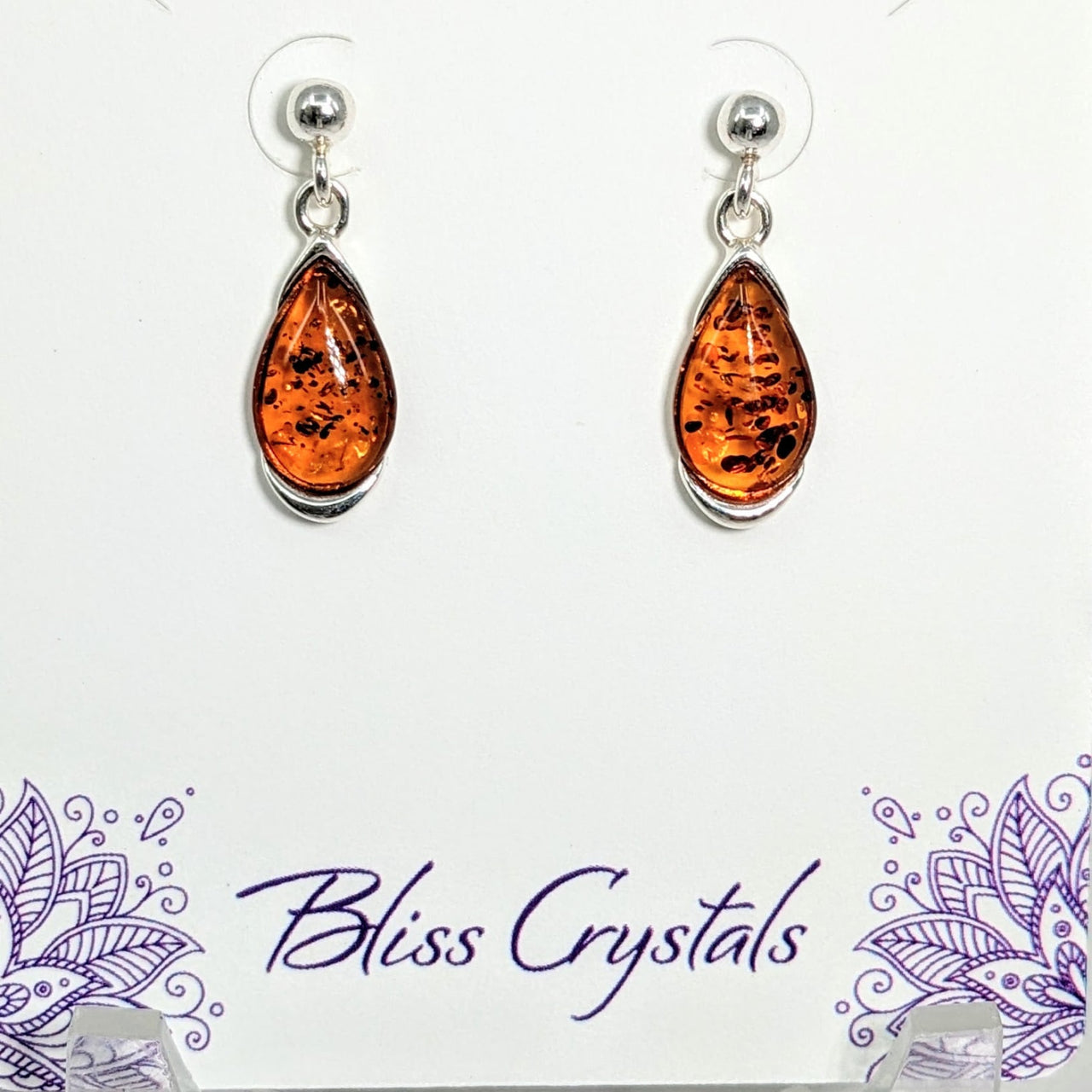 Baltic Amber Teardrop Earrings with Orange Stone - .88’ Sterling Silver #LV1700