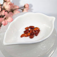 Polished Baltic amber chips, 5-13mm beads, in honey-brown hue on leaf dish