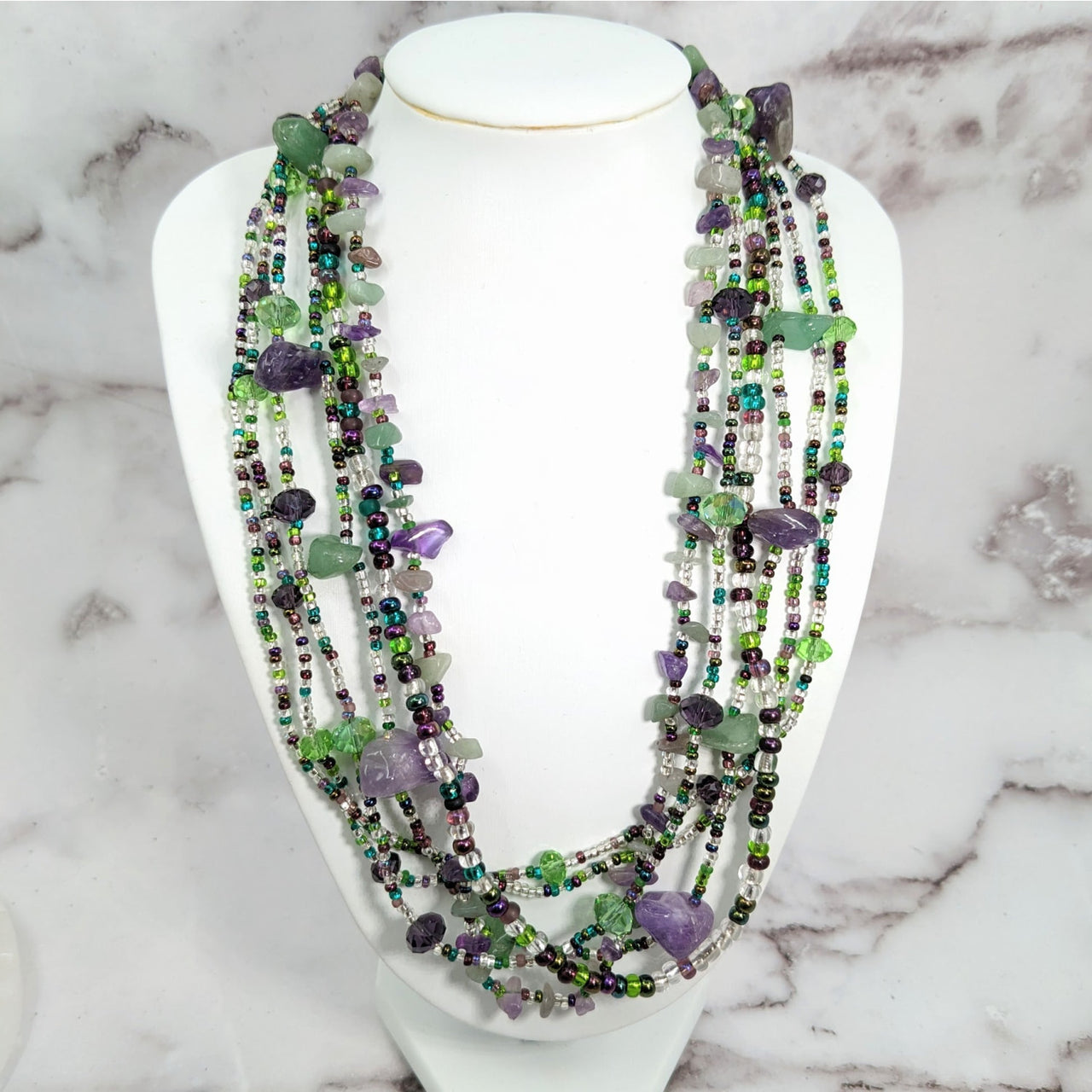 Green and purple glass bead necklace, Beaded Multi Strand 18.5’ w Magnet Clasp #LV1932