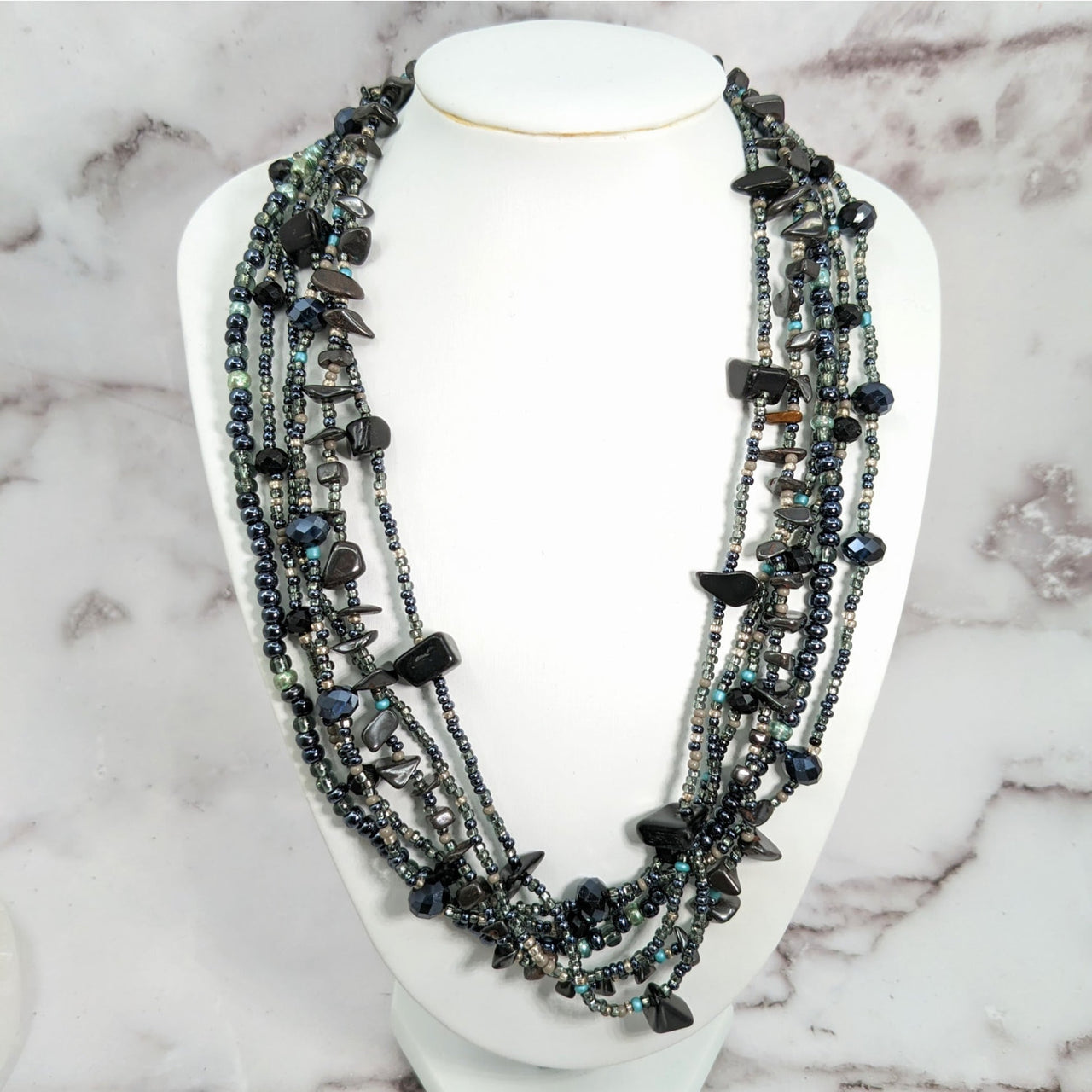 Beaded Multi Strand 18.5’ Necklace with Magnet Clasp in Black and Blue #LV1932