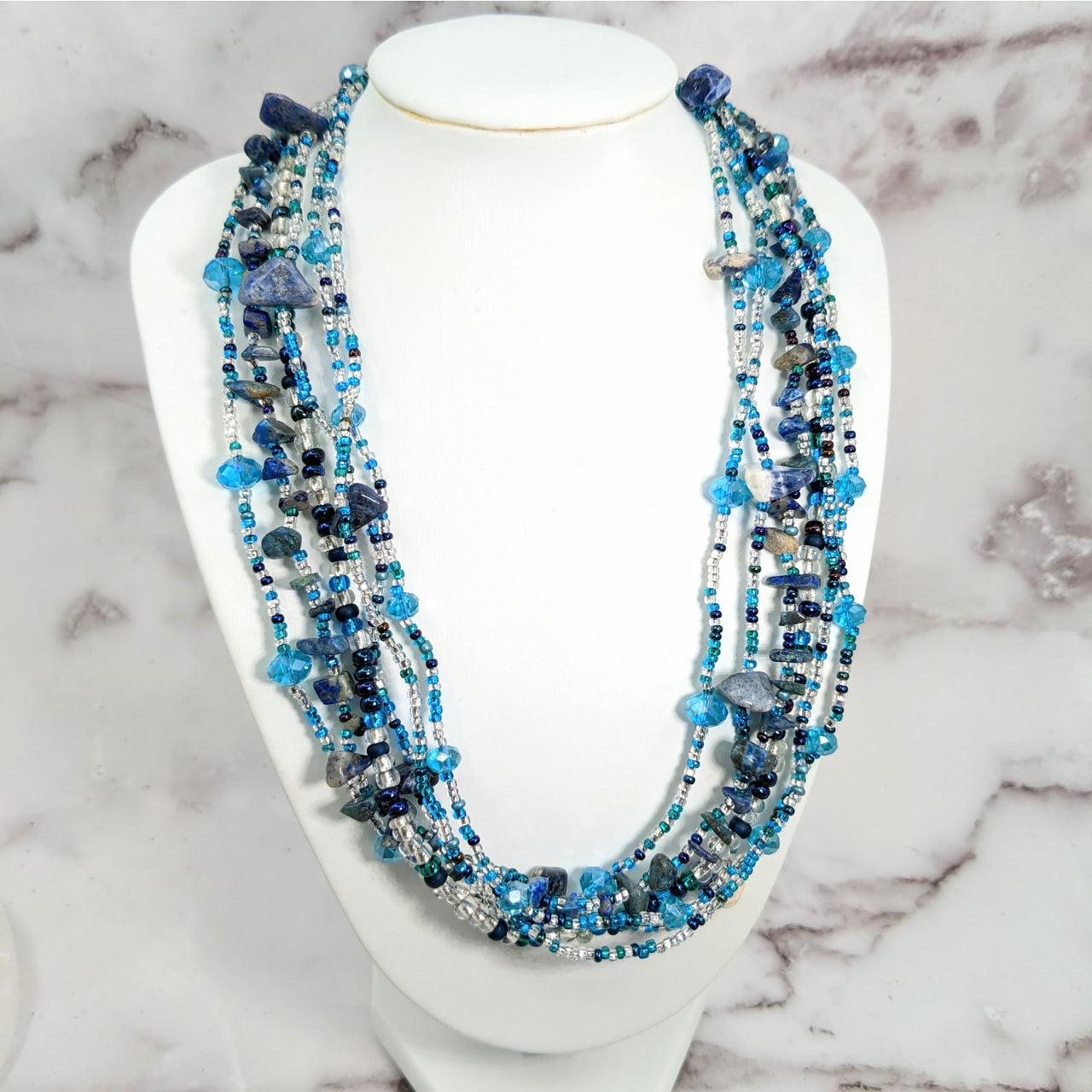 Beaded Multi Strand Necklace with Blue Glass and Silver Beads - Product #LV1932