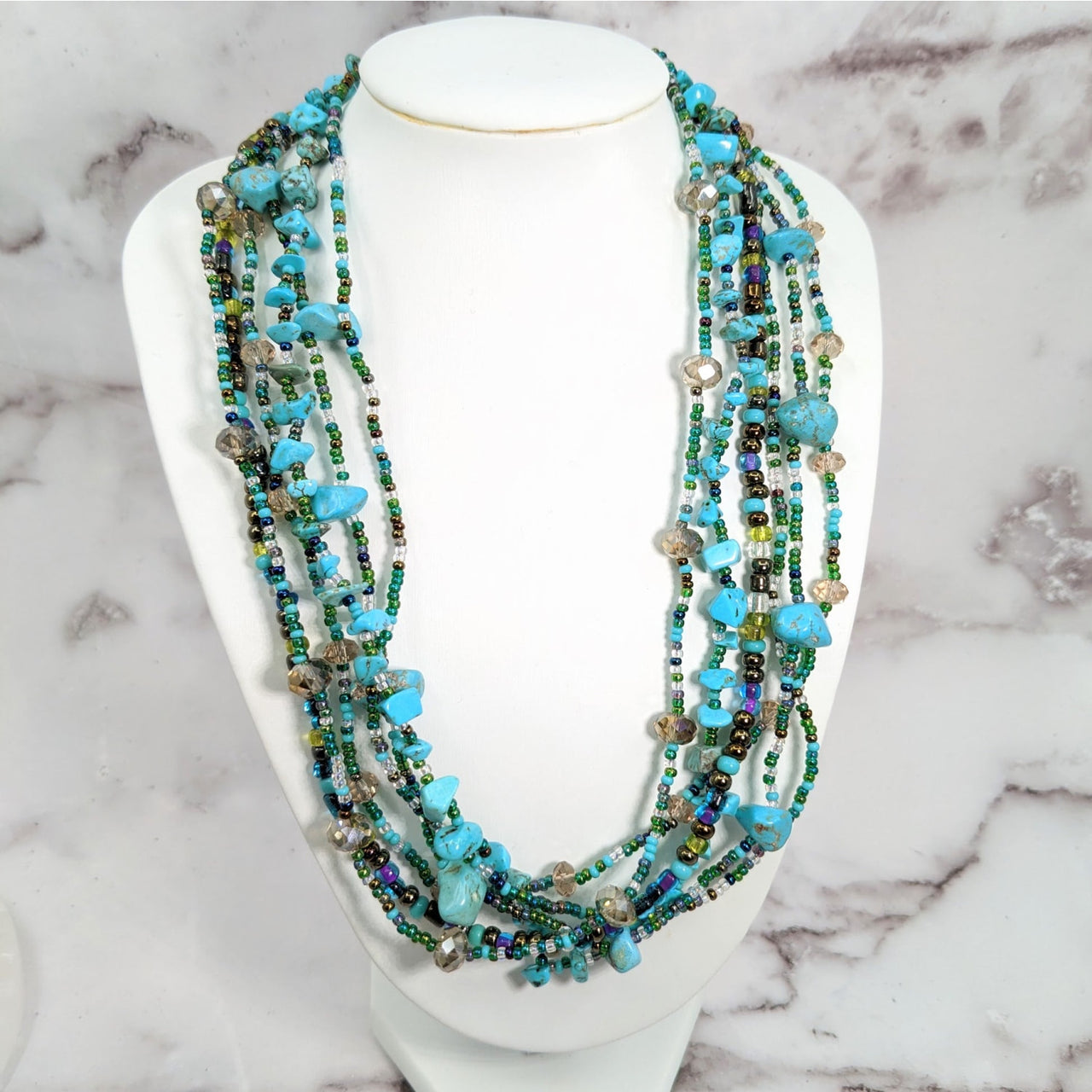 Beaded Multi Strand 18.5’ Necklace w Magnet Clasp #LV1932 with blue and silver beads