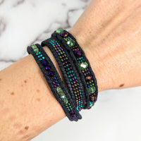 Thumbnail for Black wrap bracelet with multi-colored beads, 7’ woven design, Beaded Triple Wrap #LV2656