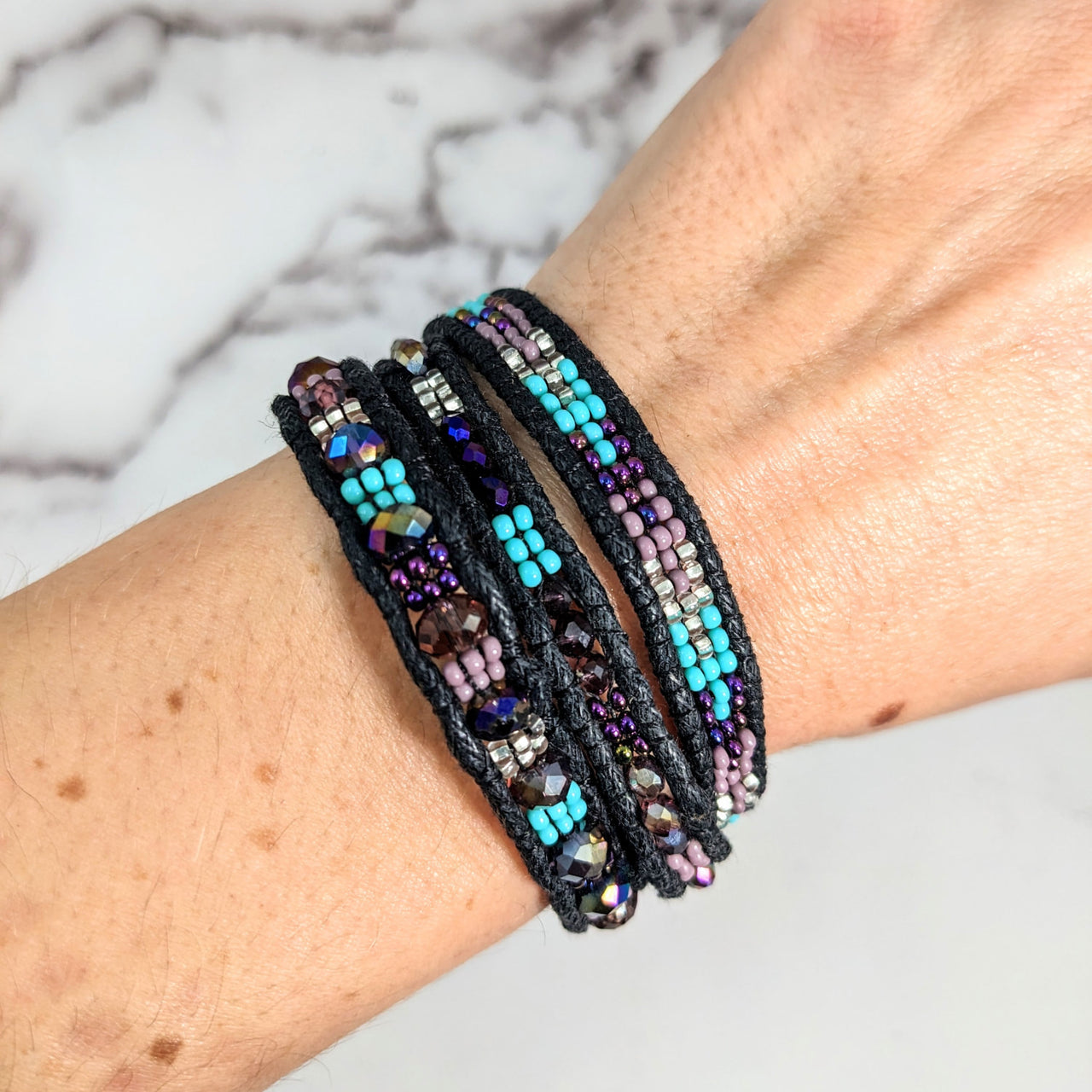 Stylish black beaded triple wrap bracelet, 7 inches, perfect for any occasion