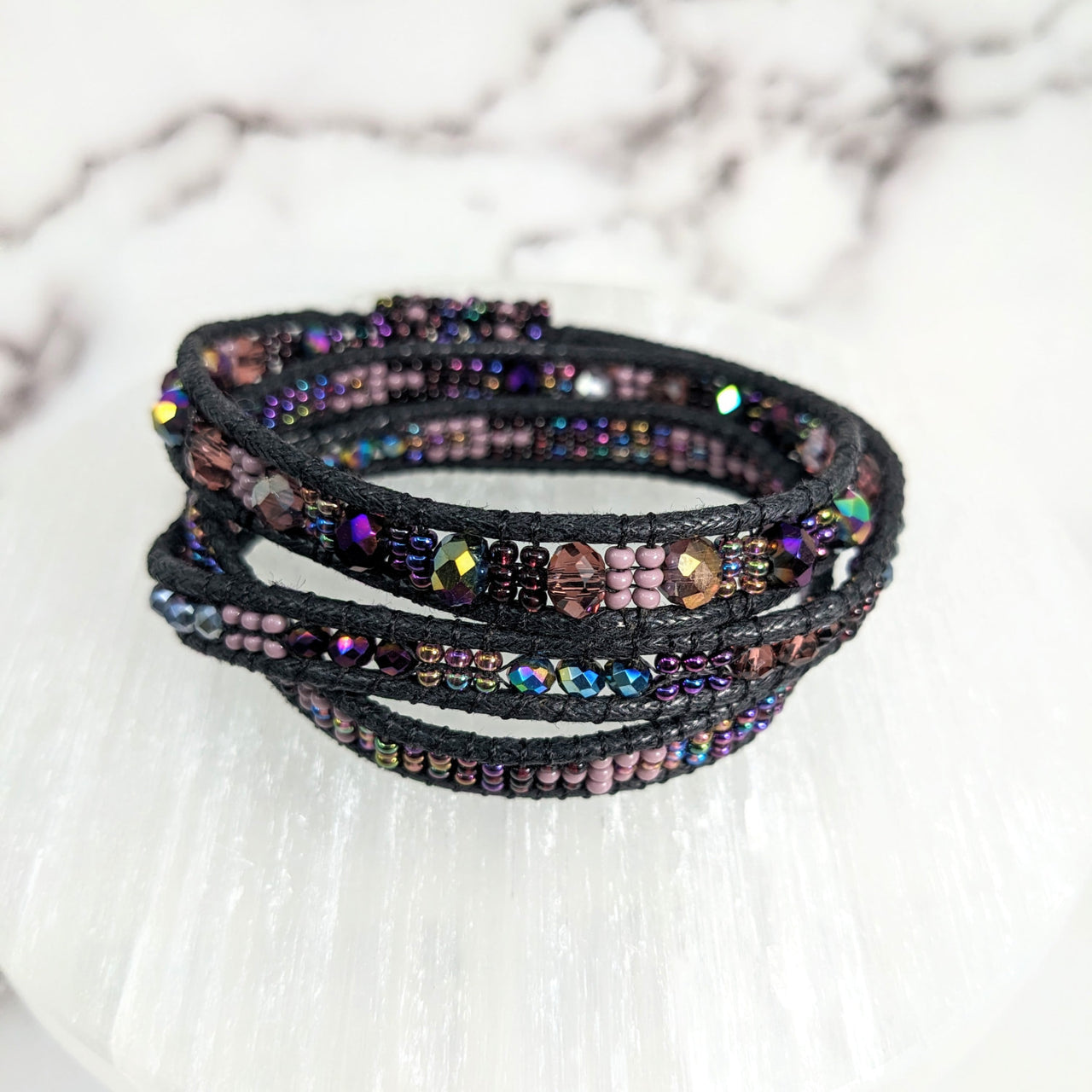 Stylish Beaded Triple Wrap Black Bracelet, Elegant 7’ Woven Design #LV2656