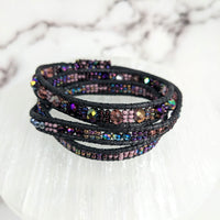 Thumbnail for Stylish Beaded Triple Wrap Black Bracelet, Elegant 7’ Woven Design #LV2656