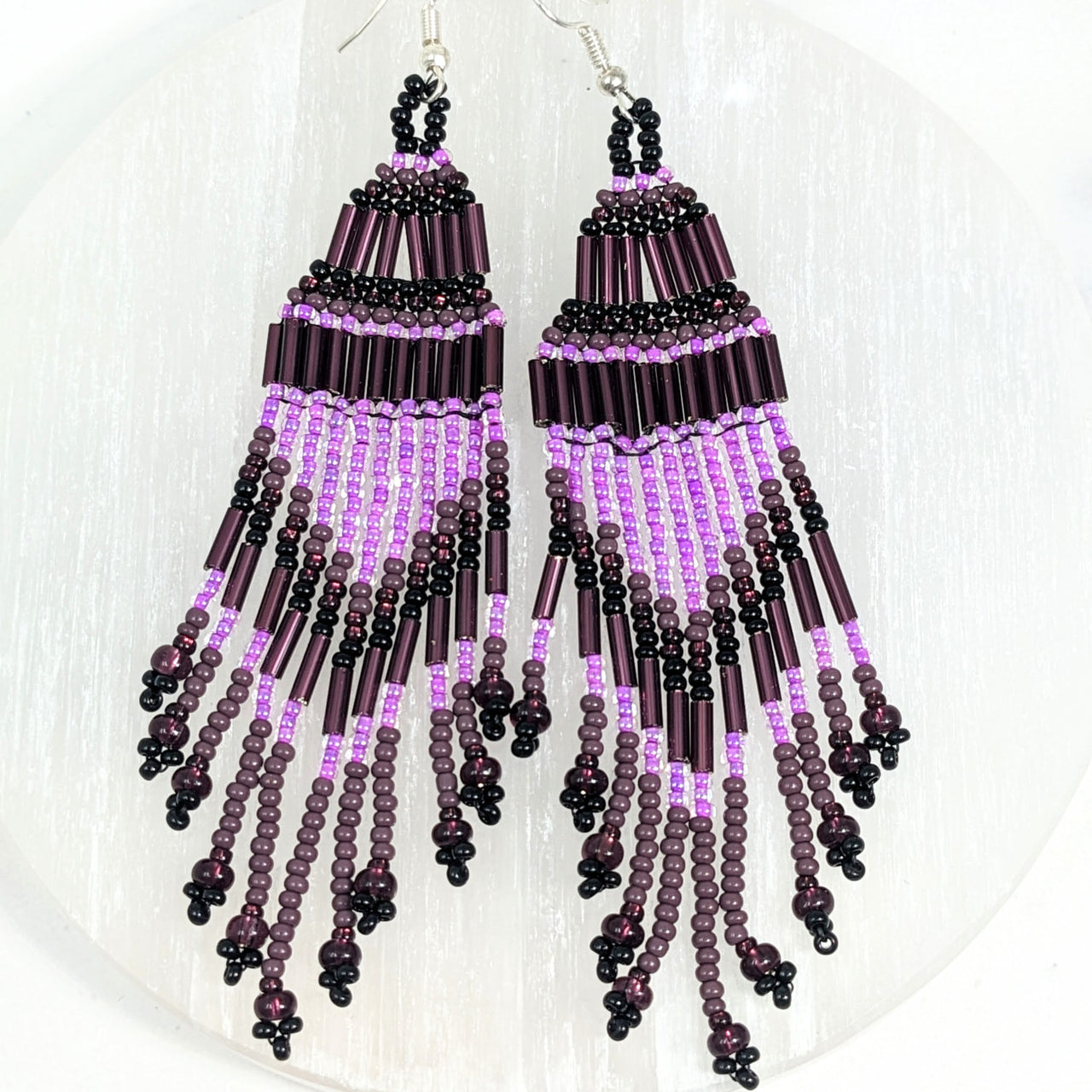 Beaded Waterfall 4’ Chandelier Earrings #LV2654 with purple and black beads