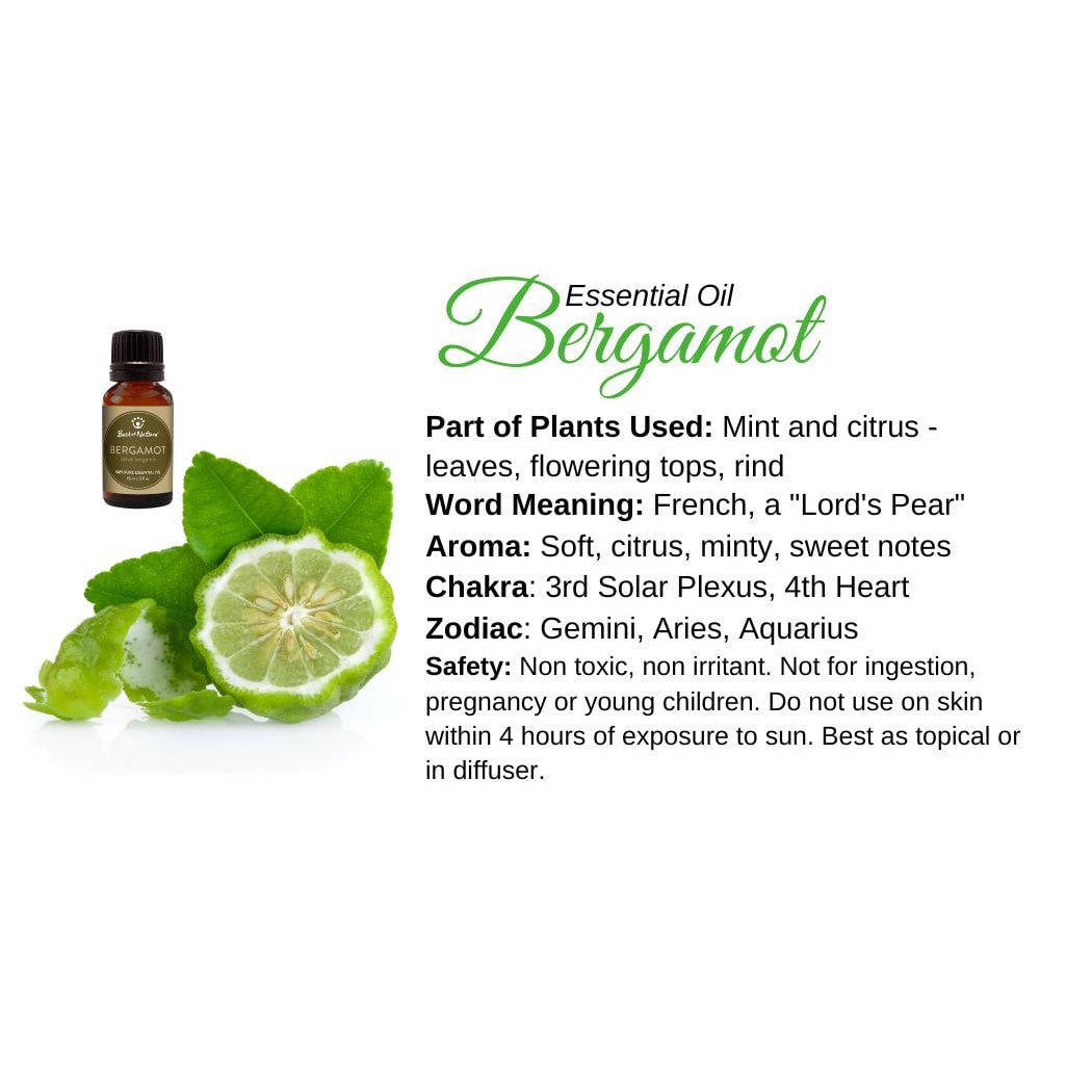 Bergamot essential oil with bergia leaves and lime on Bergamot Essential Oil Info Card #Q068