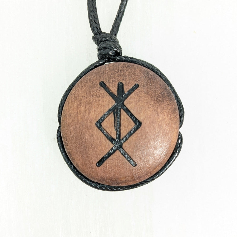 Wooden pendant with runic symbol on adjustable cord necklace product image