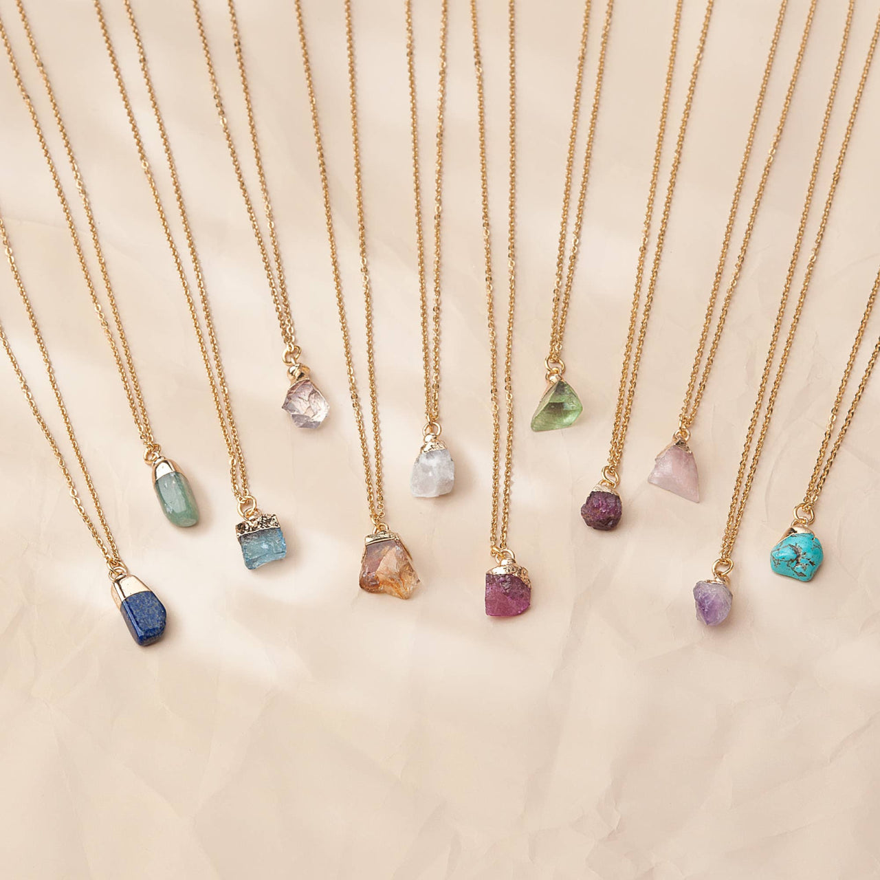Delicate gold chain birthstone necklaces with raw gem pendants, 16-18’’ adjustable