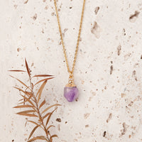 Delicate gold chain necklace with raw faceted purple amethyst pendant, 16-18 inch adjustable brass chain
