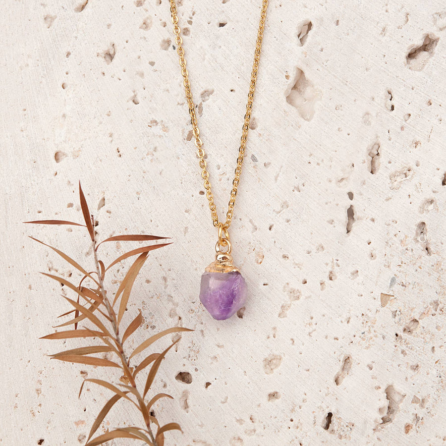 Delicate gold chain necklace with raw faceted purple amethyst pendant, 16-18 inch adjustable brass chain