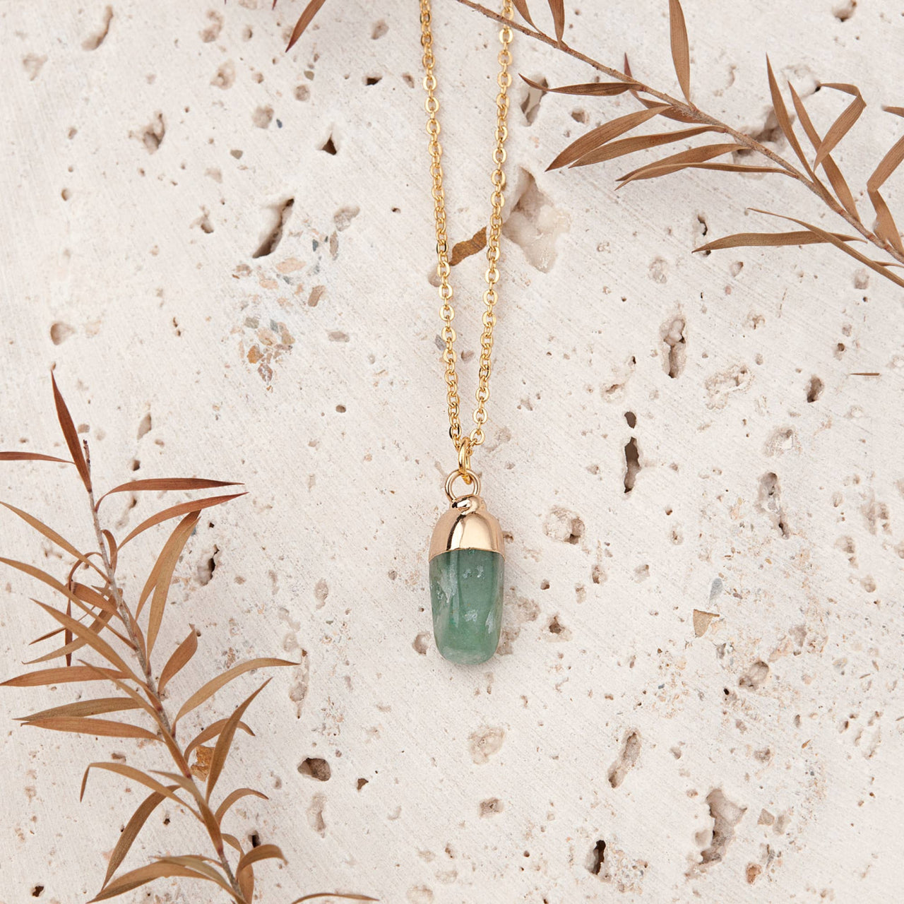 Delicate gold chain with translucent green raw birthstone pendant on 16-18’’ adjustable brass chain #BC0400