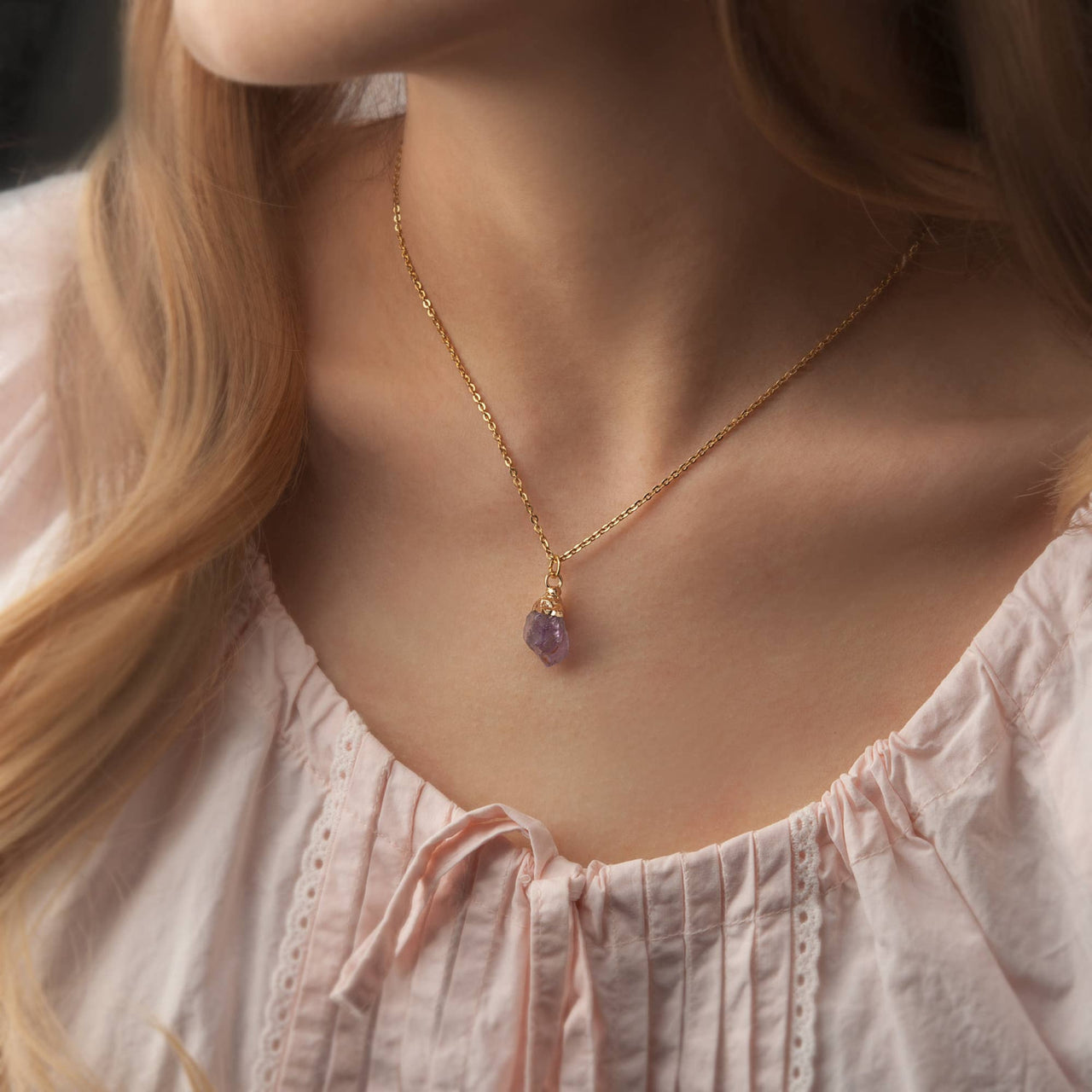 Delicate gold chain necklace with raw faceted purple amethyst pendant, adjustable 16-18 inches