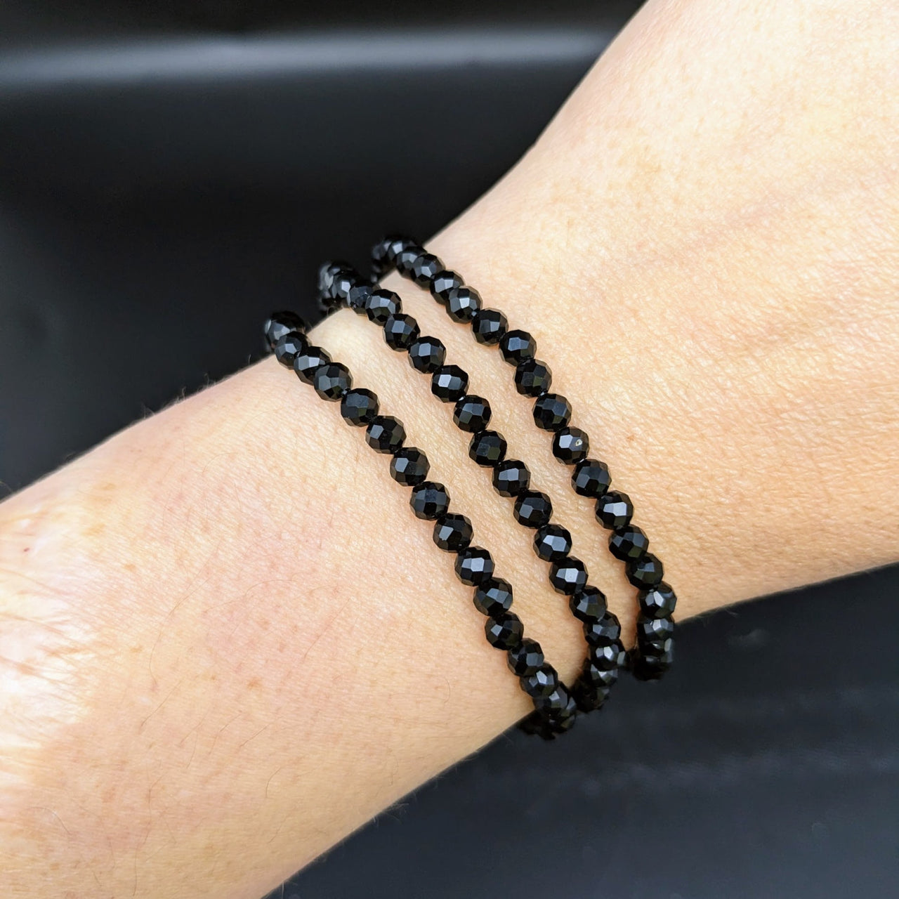 Elegant Black Agate 7’ Faceted 4mm Bracelet #LV1845 with Stunning Black Spinel Accents