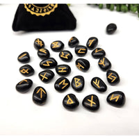 Black agate gemstone rune set with gold symbols and velvet pouch LV9504