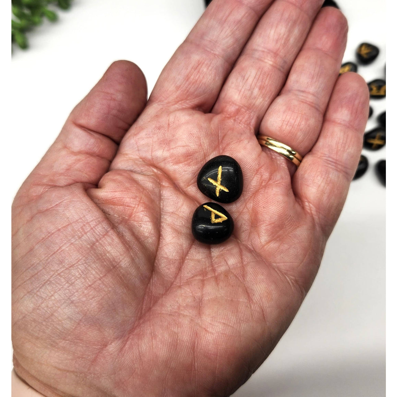 Handcrafted black agate rune set with gold markings and velvet pouch LV9504