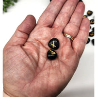 Handcrafted black agate rune set with gold markings and velvet pouch LV9504
