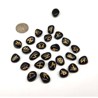 Black agate gemstone rune set with gold accents and velvet pouch LV9504