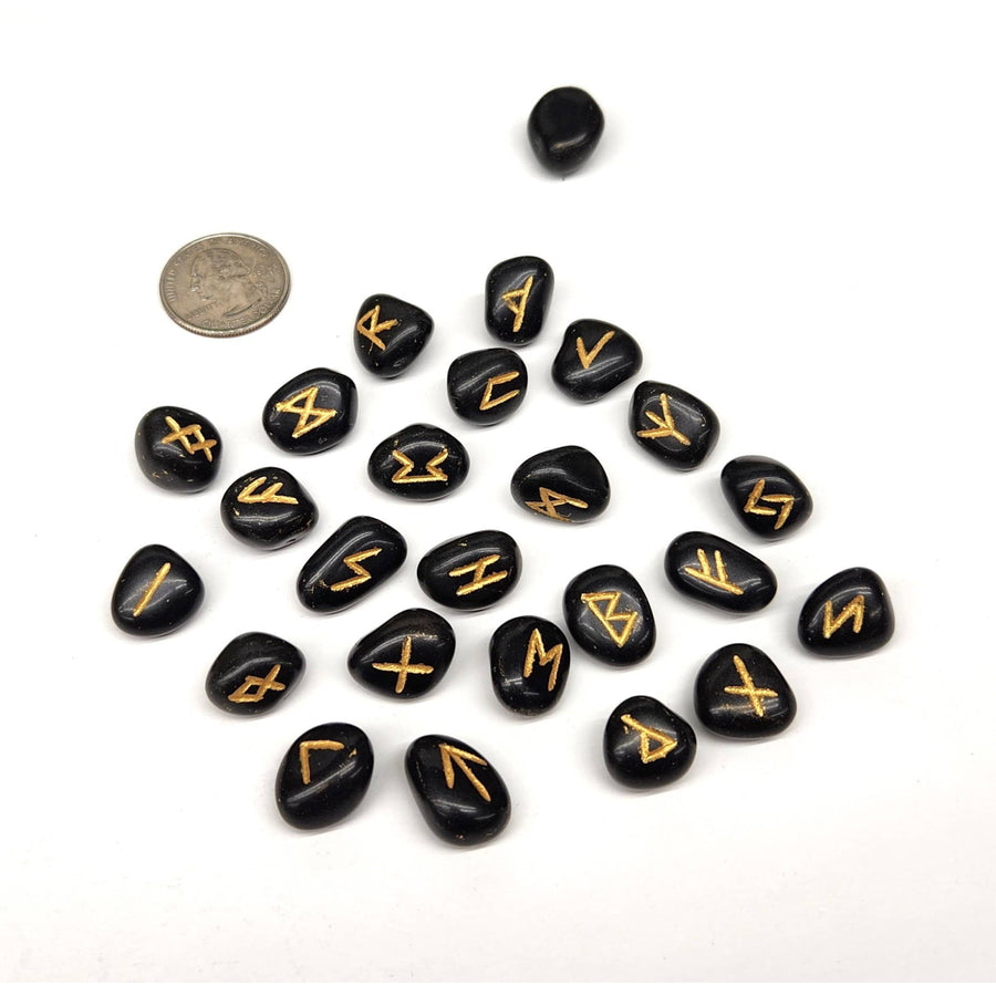 Black agate gemstone rune set with gold accents and velvet pouch LV9504