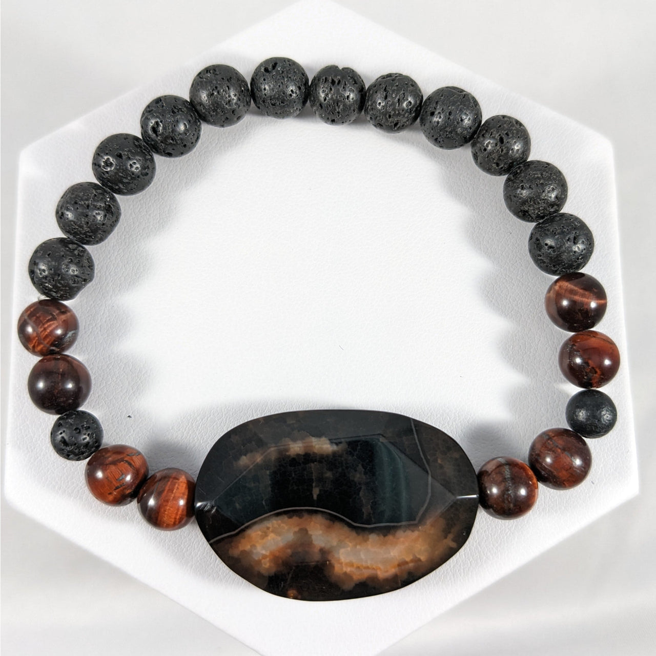 Beaded 6mm-8mm men’s bracelet with lava rocks, brown beads, and black agate centerpiece