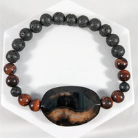 Thumbnail for Beaded 6mm-8mm men’s bracelet with lava rocks, brown beads, and black agate centerpiece