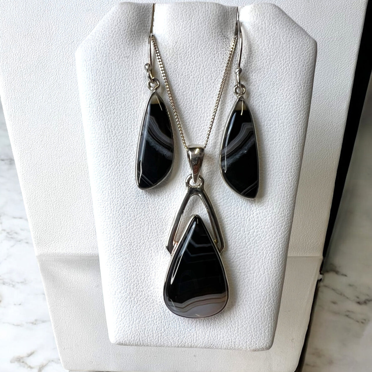 Black and white banded agate pendant with sterling silver chain #J731