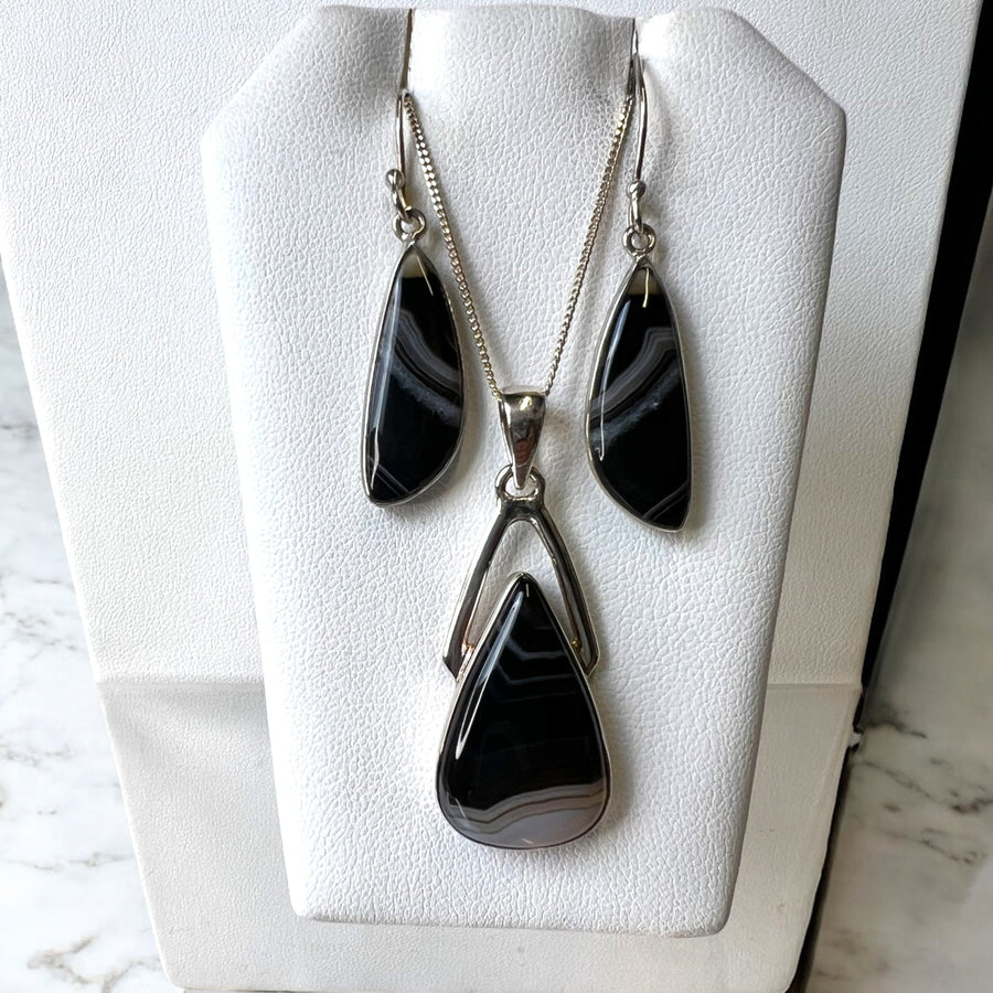 Black and white banded agate pendant with sterling silver chain #J731