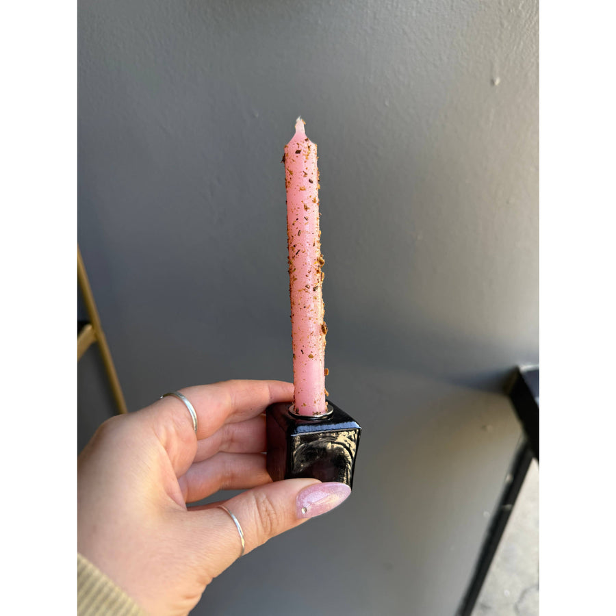 Pink candle with herbs in black glass holder Black Glass Ritual Candle Holder #LV7384