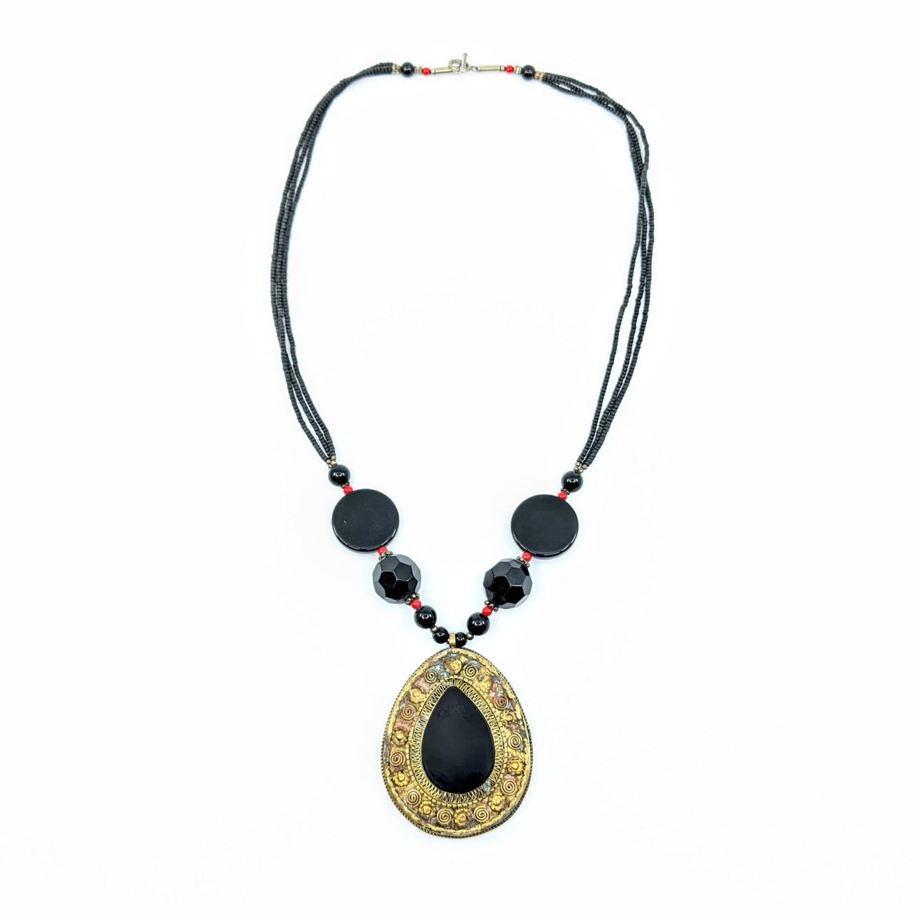 Black Jade 24’’ Tribal Pendant Necklace with black beads and gold teardrop pendant