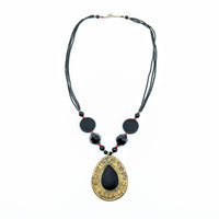 Thumbnail for Black Jade 24’’ Tribal Pendant Necklace with black beads and gold teardrop pendant