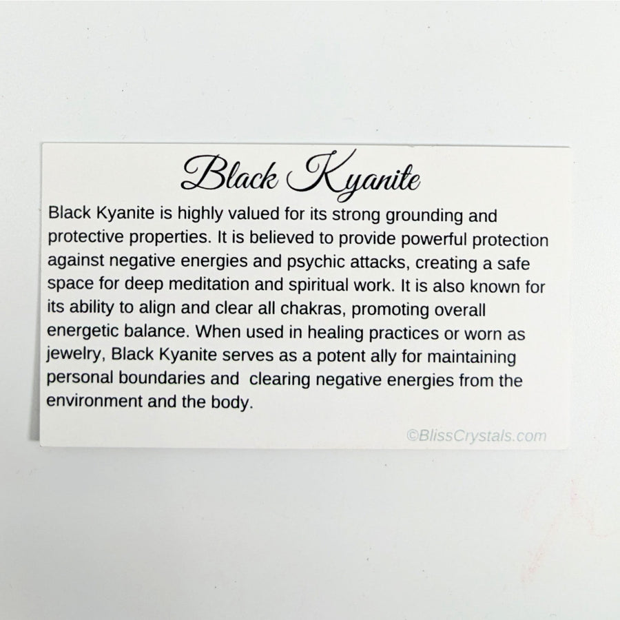 Informational card about Black Kyanite Crystal with healing properties and kyanite crystal information